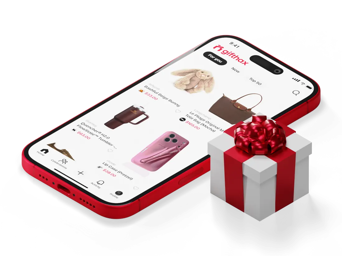 The Gifthax app on a phone next to a wrapped gift box